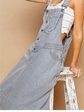 POL Light Gray Pinstripe Denim Overalls maxi dress